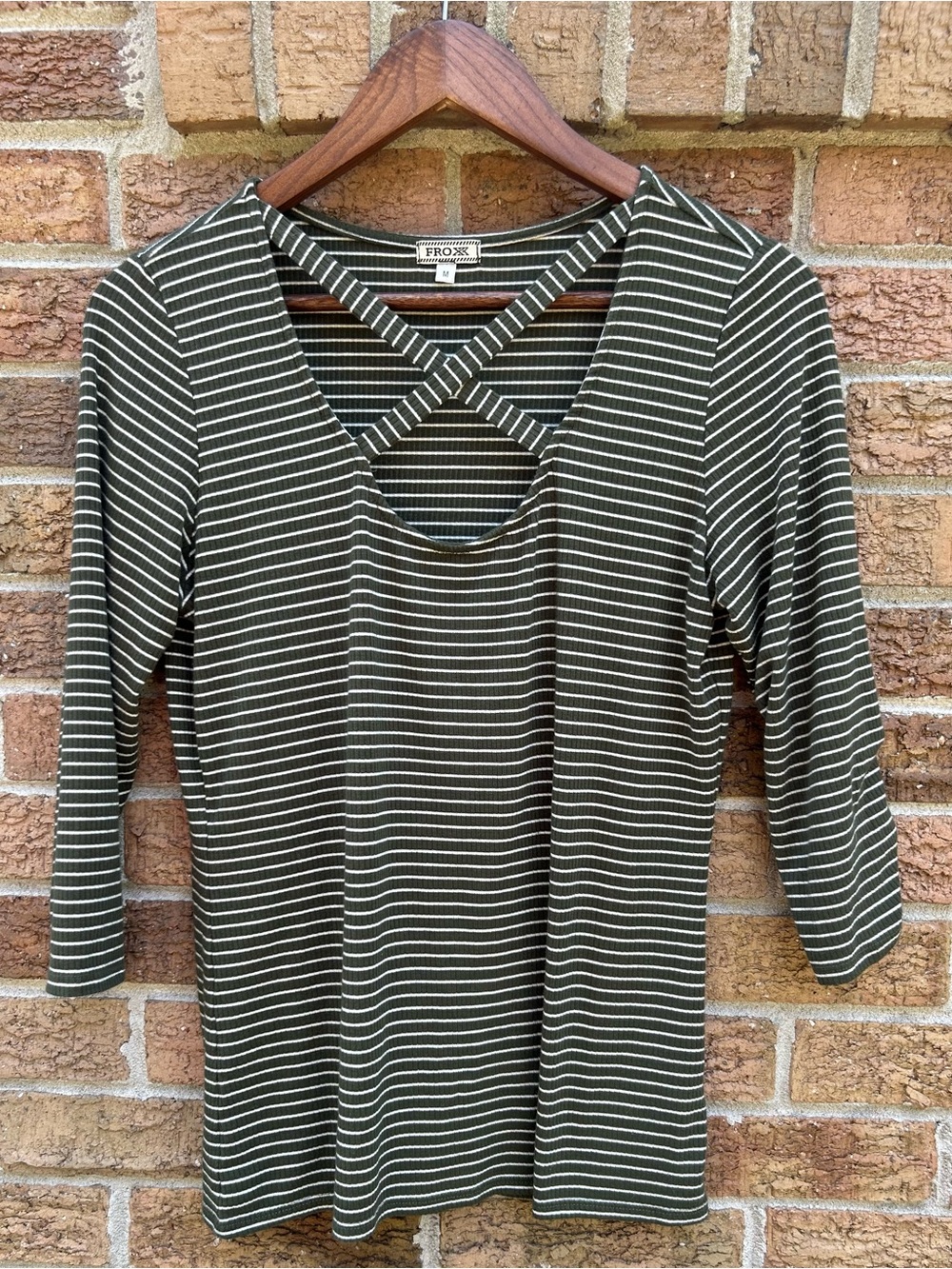 Froxx Olive Striped Crisscross Neck Long Sleeve Tee size medium